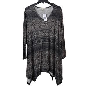 Farmers Market Tunic Top Womens 2X Scoop Neck Long Sleeve Stretch Boho NEW